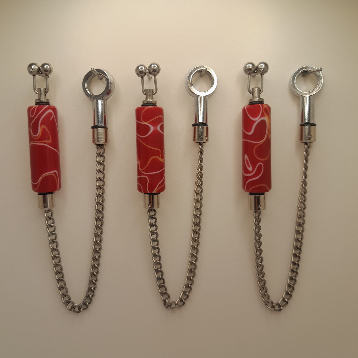 Set Of 3 Thin Body Red Grafetti Marbled Bobbins With Black Or Stainless Chains Ref SL2